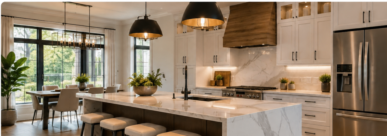 Modern kitchen renovation interior with island and pendant lighting